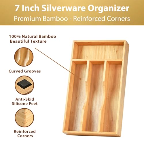 Umilife Bamboo Kitchen Drawer Organizer, 7 Inch Silverware Utensils Tray Holder for Small Drawer, Wood Caddy for Flatware Cutlery Knives - size: 7 x 13 inch (4 Slots)