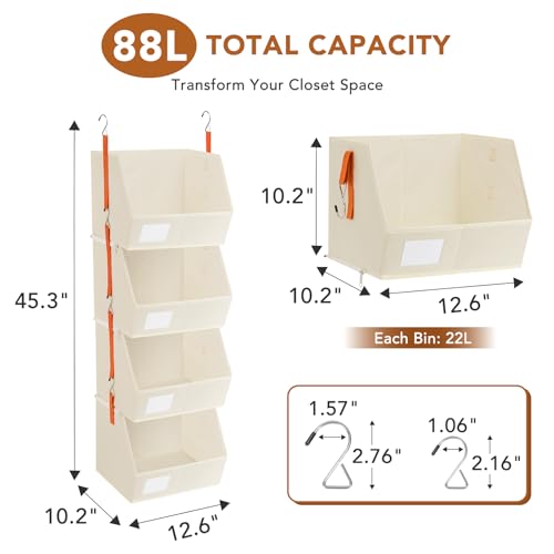 4 Pcs Modular Closet Organizer - Detachable & Foldable Hanging Storage Cubes, 88L Total Capacity, Heavy Duty Fabric Shelves for Wardrobe, Closet Organization, RV, Dorm, Beige - color: Beige