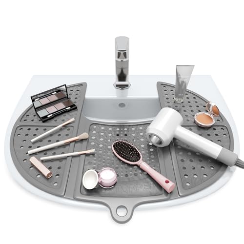 Sink Topper Bathroom Counter Cover & Storage Saver, Foldable Silicone Mat for Hot Tools, Hair Styling & Makeup, Beauty Brush Cleaning Mat, RV Camper Sink Cover & for Small Spaces (Standard Silver) - color: Silver, size: Standard