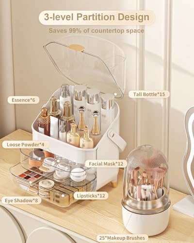 Makeup Organizer Countertop, Skincare Holder Bathroom Counter Organizer, Storage Box Cosmetic Display Cases, Teen Girl Gifts Make up Organizers (White/Brush) - color: White/Brush