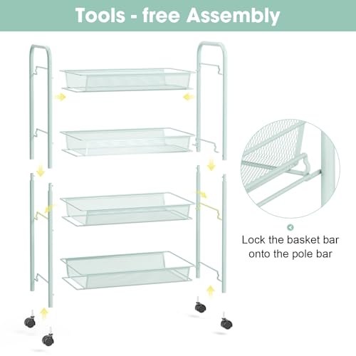 TOOLF 4-Tier Rolling Cart, Metal Utility Cart with 3 Hooks, Easy Assemble Mobile Storage Trolley On Wheels, Metal Shelving Units Kitchen Bathroom Laundry Room - color: Green, size: 4-Tier