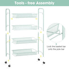 TOOLF 4-Tier Rolling Cart, Metal Utility Cart with 3 Hooks, Easy Assemble Mobile Storage Trolley On Wheels, Metal Shelving Units Kitchen Bathroom Laundry Room - color: Green, size: 4-Tier
