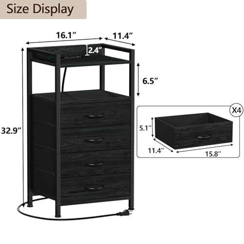 Furnulem Night Stand with Charging Station, Black Nightstand with Drawers and Led Light, Tall Dresser for Bedroom, Bedside Table with Fabric Storage Bins, Metal Frame, Wood Furniture - color: Black Oak, style: 4 Drawer