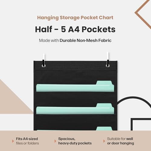 Hippo Creation Heavy Duty Storage Pocket Chart for Classroom, 5 Pocket Storage Organizer with 2 Over-Door Hangers, Hanging Wall Organizer for File Folders, School Mailbox, Home Office Papers - Black - color: Black - (5 Pockets)