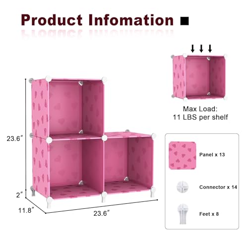 UNKU Cube Storage Organizer, 3 Cube Closet Organizer Storage Shelves, DIY Stackable Bookcase, Clothes Organizer Shelf for Closet, Bedroom, Living Room, Cabinet, Home, Office, Pink - color: Pink, size: 3cube