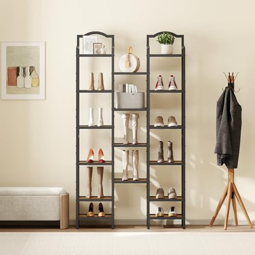 YATINEY 10-Tier Tall Shoe Rack, Vertical Shoe Organizer for Small Spaces, Wooden Shoe Shelf for Entryway, Space Saving Shoe Storage, Holds 10 Pairs of Shoes, Rustic Brown and Black SS50BR - color: Rustic Brown + Black, size: 11" x 11" x 72"
