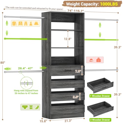 Aheaplus Closet System, 4-9 Ft Closet Organizer with 4 Wooden Drawers, Wood Closet Organizer System with Tower, Walk-in Closet Organizer Wardrobe Clothes Rack with 4 Hanging Rods, Black Oak - color: Black Oak