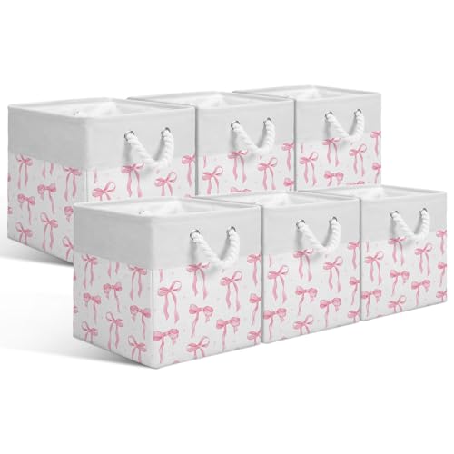 LemonRoad 6 Pcs Pink Bow Cube Storage Bins Square 11.22 Inch Storage Basket with Handle Preppy Girl Organizer Basket Collapsible Fabric Box for Classroom Bedroom Office Home Decoration Gift - color: Pink, size: 11.22 Inch, style: Bow