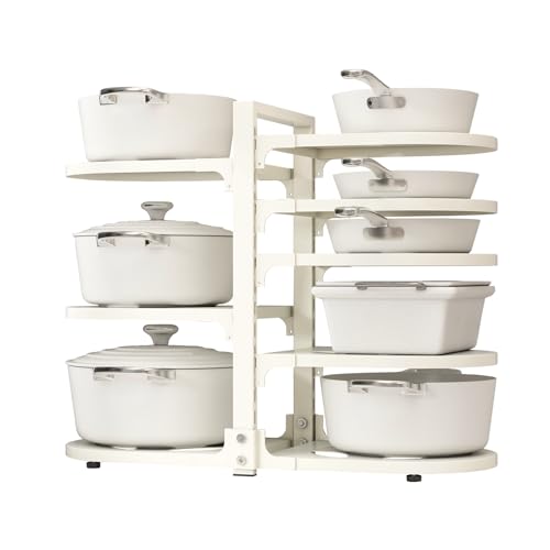 Adjustable Heavy Duty Pots and Pans Organizer Under Cabinet, 8-Tier Pot and Pan Organizers Inside Cabinet, Kitchen Cabinet Organizers and Storage, White - color: White