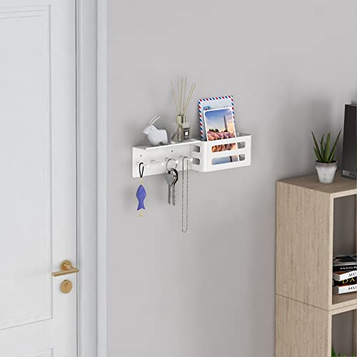 MKO Key Holder for Wall, 12.2In Mail Organizer Holder with Shelf, Metal Key Rack Adhesive Wall Mount, White - color: White with Shelf