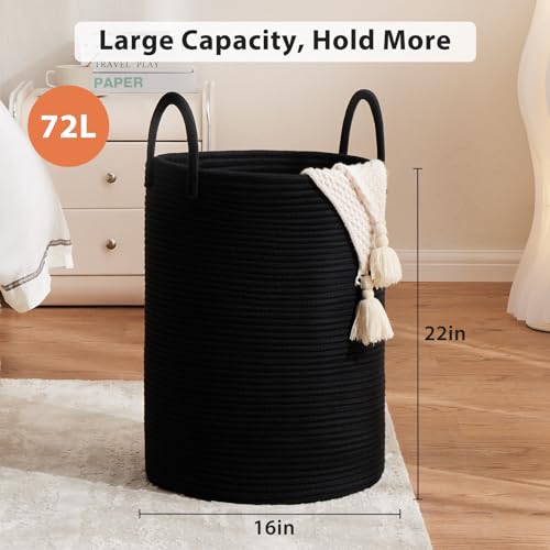 72L Large Woven Laundry Hamper by Fiona's magic, Tall Cotton Rope Storage Basket, Jute Baby Nursery Hamper for Blankets, Toys and Clothes in Bedroom and Living Room Organizing, Black - color: Black, size: Large(72L)