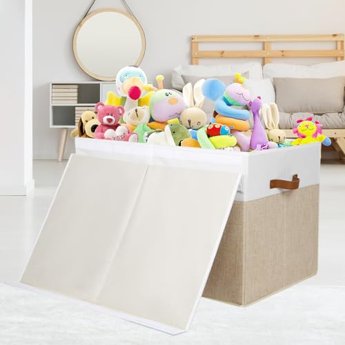 Gowee Large Toy Storage Box with Lid, Sturdy Toys Storage Chest Bin Organizer Basket with Dividers for Kids, Boys, Girls, Nursery, Closet, Bedroom, Playroom 26"x17" x17" (Beige and White) - color: Beige and White, size: 26"x17" x17"