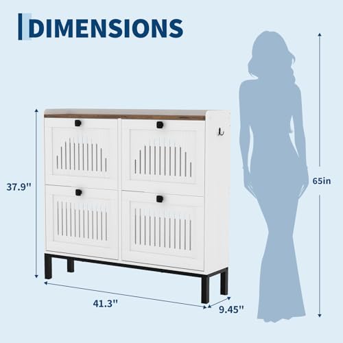 4-Door Flip Front Shoe Cabinet with Adjustable Shelves – Hidden Entryway Storage Organizer for Hallway, Foyer, Living Room – Freestanding Wooden Shoe Rack with Large Capacity & Modern Design, White - color: White & Rustic, size: 9.45"D x 41.34"W x 37.9"H