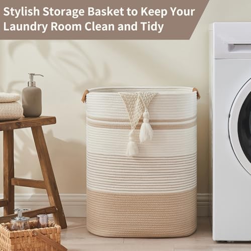 AINUOQI Laundry Basket with Handles - Blanket Basket & Hampers for Bedroom Aesthetic, Laundry Hamper & Blanket Storage for Living Room, Clothes Hamper, Tall, Large 17" x 14" x 22”, Off-white - color: Off-white, size: 85L