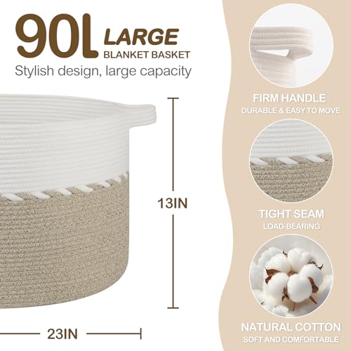 OIAHOMY 90L Blanket Basket for Living Room, Large Basket 23" x 23" x 13" with Handle, Laundry Hamper for Blankets, Pillows, Toy Storage for Kids, Dogs - Light Brown & White - color: Light Brown & White, size: 23" x 23" x 13"