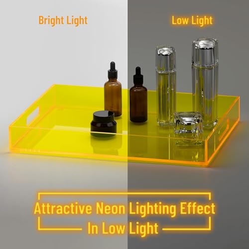 ATZYmolin 16"x12" Large Acrylic Serving Tray Decorative Ottoman Coffee Table Vanity Tray Tea Fruit Platter Snack Appetizer Dessert Drink with Handles for Bar Kitchen Party, Neon Yellow - color: Neon Yellow - Medium
