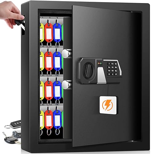 Nebakne 71 Keys Fireproof Key Lock Box, Anti-Theft Key Box Wall Mount with Adjustable Hook Plates, Key Tags and Side Opening, Key Safe Key Cabinet Key Organizer for Home Office Garage Rental Business - size: 71 Keys