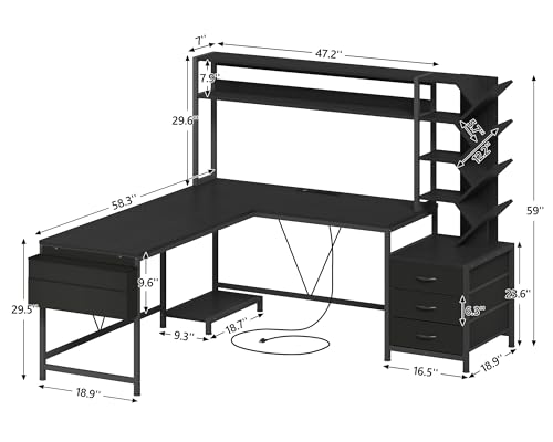 YOMILUVE L Shaped Desk with Hutch, Reversible Computer Desk with Drawers and Bookshelf, Home Office Desks with Storage Shelves for Bedroom Home Office, Black - color: Black