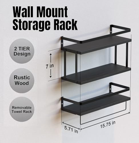 RICHER HOUSE 2+1 Tier Wall Mounted Floating Shelves Set of 2, Rustic Wood Wall Shelf with Metal Frame, Extra Storage Rack for Bathroom, Kitchen, Bedroom with Tissue Rack & Towel Bar - Black - color: Black, size: 2+1 Tier Size