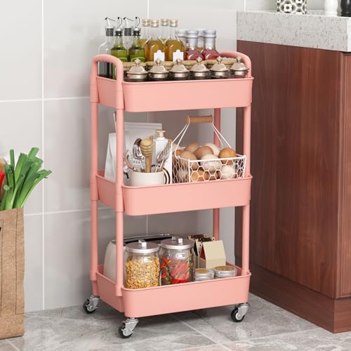 Sywhitta 3-Tier Plastic Rolling Utility Cart with Handle, Multi-Functional Storage Trolley for Office, Living Room, Kitchen, Movable Storage Organizer with Wheels, Pink - color: Pink, size: 3-tier