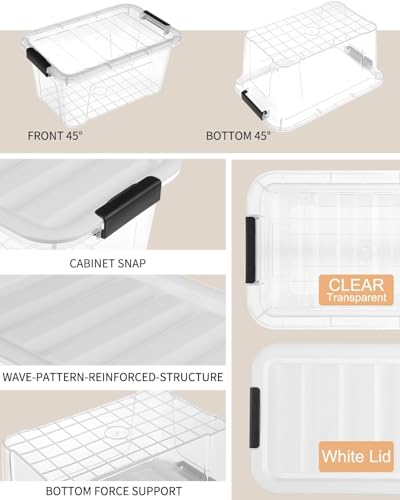 NUMIFUN Plastic Storage Bins with Lids 6 Pack, 7 Quart Storage Containers with Black Buckle Latch, Stackable Storage Containers for Home Pantry Office Classroom Organization, White - color: Clear+White+Black