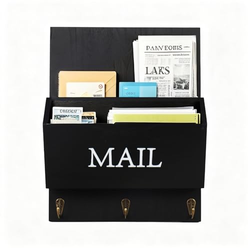 Wooden Mail Organizer with Key Hooks, Rustic Wall Mounted Letter Holder, Farmhouse Mail Sorter with Hooks, Bill Letter Storage for Entryway, Black