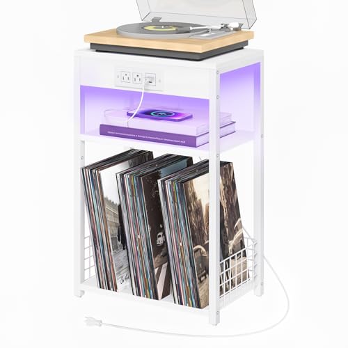 LELELINKY White Night Stand with Charging Station, Record Player Stand with USB Port and Type-C Port, 3 Tier Side Table with Vinyl Storage Shelf, End Tables for Bedroom Small Spaces - color: White, style: Upgraded (With Charger Station & LED Light)