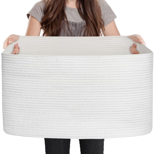 MEGASKET Extra Large White Storage Basket, 23.6" x 17" x 12" Rectangle Blanket Storage for Living Room, White Woven Cotton Rope Basket, Big Kids Toy Box Bin, XXXL Wicker Laundry Baskets for Organizing - color: White, size: 23.6"x17"x12