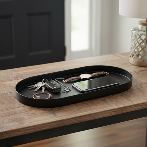 Oval Key & Wallet Tray, 12"x6"x0.8" Metal Valet Trays for Entryway Table, Minimalist Catch All Dish for Keys, Wallet, Jewelry, Black