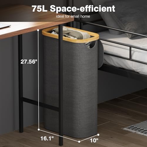Bathola 75L Slim Laundry Hamper with Lid, Dirty Clothes Hampers for Laundry, Collapsible Laundry Baskets for Small Spaces, Bedroom, Bathroom, Laundry Room, Dark Grey - color: Dark Grey, size: 75l