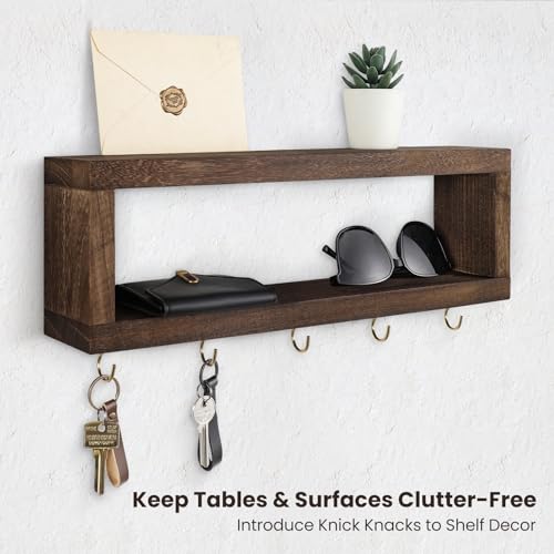 Lwenki Wall Shelf with Hooks - Decorative Key and Wallet Holder for Wall Holds Sunglasses, Leashes, Scarves and Lanyards - 15.7" x 5.1" x 2.9" Entryway Organizer Made of Paulownia Wood (Brown) - color: Brown