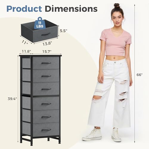 DUMOS 6 Drawers Dresser for Bedroom with Wheels, Fabric Storage Cabinet Organizer with Removable Fabric Bins, Sturdy Steel Frame for Living Room, Office, Entryway, Closets, Grey - color: Grey, size: 11.8"D x 15.7"W x 39.4"H (6 Drawers)