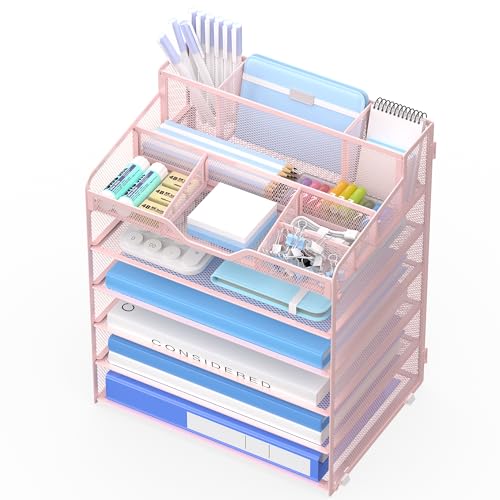 6 Tier Mesh Desk Organizer,Multi Functional Letter Paper Tray with 3 Pen Holders and 5 Adjustable Storage Compartments for Office Supplies Files and Mail Space Saving Desktop Organizer-Pink - color: 6 Tier-pink