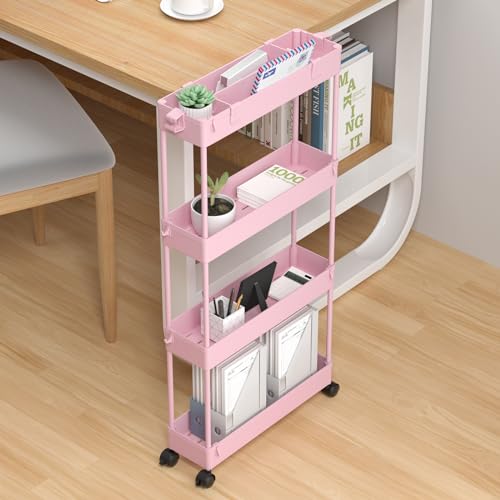 SPACELEAD Slim Storage Cart 4 Tier,Bathroom Organizer Rolling Utility,Mobile Shelving Unit Slide Out for Office, Kitchen, Laundry Room & Narrow Places,Pink - color: Pink