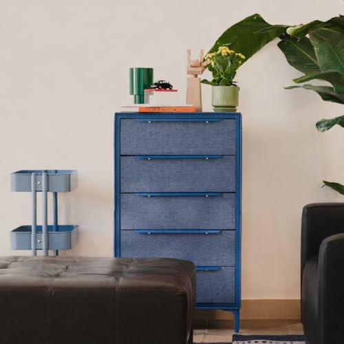 tinge Naima Premium Fabric Dresser - Strong Metal Frame, 5 Spacious Sag-Proof Drawers with Sleek Metal Handles - Premium & Durable Storage Solution for Your Home (Navy) - color: Ocean Blue (Navy), size: 14"D x 23.5"W x 41.8"H (5 Drawers)