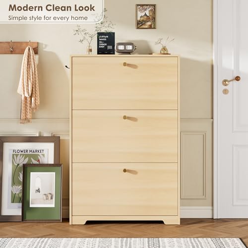 Nicetree Shoe Storage Cabinet, Slim Shoe Cabinet, Hidden Shoe Rack Cabinet, Shoe Storage Cabinet for Entryway, Hallway, Foryer, Natural Oak - color: Natural Oak, style: 3-Drawers