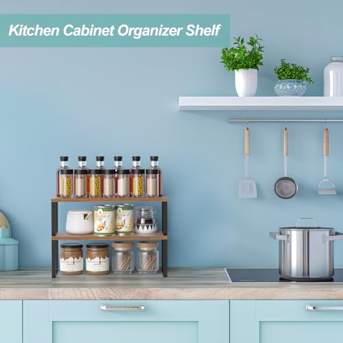 NEX Cabinet Organizer Shelf, Set of 2 Kitchen Counter Shelves, Spice Rack, Stackable Kitchen Shelves Organizer, Pantry Cupboard Dish Mug Cup Storage Shelf, Black and Brown - color: Black + Rustic Brown, size: 15.6''W
