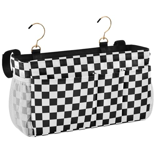Black White Checkerboard Print Bedside Caddy Storage Bag Bedside Organizer for Bunk Bed Headboards College Organizer Caddy Hanging Shelf 6 Pockets with Hooks for Drinks Magazine Phone Holder - color: Checkerboard Black White