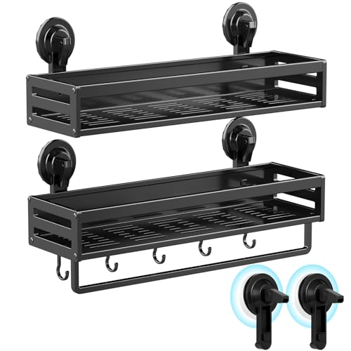 Shower Caddy Suction Cup, 15.7 inch 2 Pack Suction Shower Shelf with Hooks NO-Drilling Bathroom Holder, Rustproof Bathroom Organizer, Black,Includes 2 Extra Suction Cups for Replacement Use - size: 15.7 inches(2-Pack US)