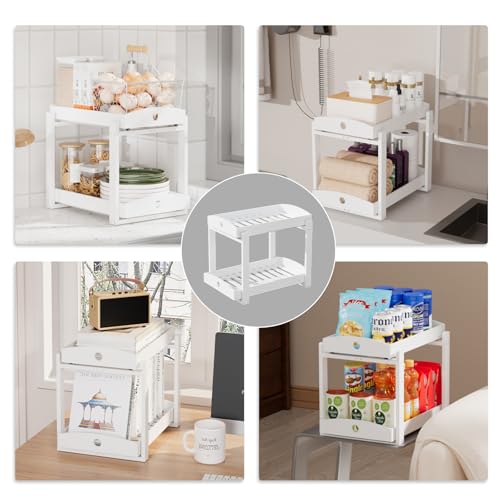 Bamboo Wood Under Sink Organizer 1 Pack, Pull Out Cabinet Organizer 2 Tier Under Sink Organizers and Storage with Sliding Drawer Sturdy Easy Assembly for Kitchen Bathroom Undersink (White, 2 Packs) - color: White