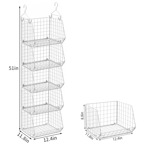 5 Tier Closet Hanging Organizer, Clothes Hanging Shelves with 4 Hanging Hooks 5 S Hooks, Wire Storage Basket Bins, for Clothing Sweaters Shoes Handbags Clutches Accessories Patent Design-White - color: White
