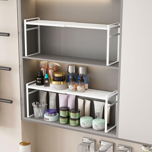 1pcs Medicine Cabinet Organizer Stretchable Storage Box for Bathroom Stackable Mirror Cabinets Vanity Small Narrow Shelf Slim Trays Holder (White, Normal)