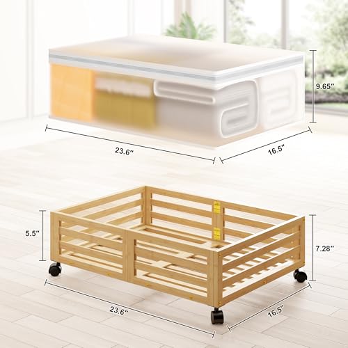 Under Bed Storage Containers With Wheels - 2 Pcs Bamboo Wood Rolling Underbed Shoe Storage Bins With Dust Bags for Clothes Blankets, Duvet Covers Snacks Toys (Natural) - color: Nature, size: M