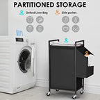 Laundry Hamper with Rustic Brown Lid & Wheels; 96L Large Rolling Laundry Basket with Removable Oxford Liner Bag; Tall Freestanding Dirty Clothes Hamper with Side Pocket; Metal Frame Laundry Cart - color: Black