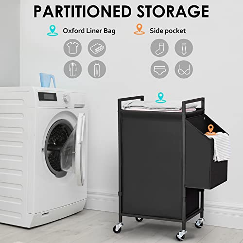 Laundry Hamper with Rustic Brown Lid & Wheels; 96L Large Rolling Laundry Basket with Removable Oxford Liner Bag; Tall Freestanding Dirty Clothes Hamper with Side Pocket; Metal Frame Laundry Cart - color: Black