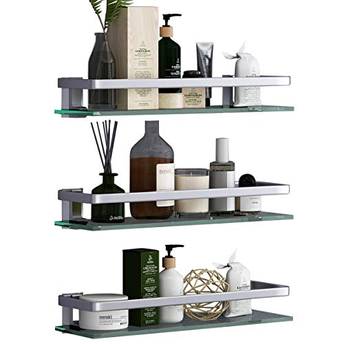 VOLPONE Bathroom Wall Shelf 15.7in Bathroom Glass Shelves Wall Mount Glass Shelf Rustproof Bathroom Wall Organizer 3 Tier (Sliver) - style: 3 tier without towel bar silver