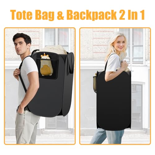Collapsible Backpack Laundry Bag Made by Strong Polyester Oxford Cloth, 76L Heavy Duty Large Hamper with Adjustable Shoulder Strap, Foldable Basket with Mesh Pocket for College, Travel, Apartment - color: Black-Backpack, size: 1-Pack