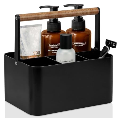 BYUNER Portable Shower Caddy Dorm: Bathroom Caddy Organizer with Handle and Adjustable Dividers,Plastic Shower Basket for Toiletry,Makeup,Vanity,Shower Storage Tote for College, Cleaning Caddy, Black - color: Black / Wood Handle
