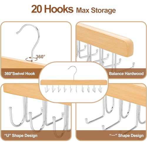 TOPIA HANGER 2 Pack 2 in 1 Belt Tie Hanger for Closet Max 60 Belts with 60 Ties Capacity, 20 Hooks Belt Tie Racks Wooden Hanger for Closet Organizer Space Saving “U” Fit Belt and “一” Fit Tie - CT59N - color: Natural-2 Pack