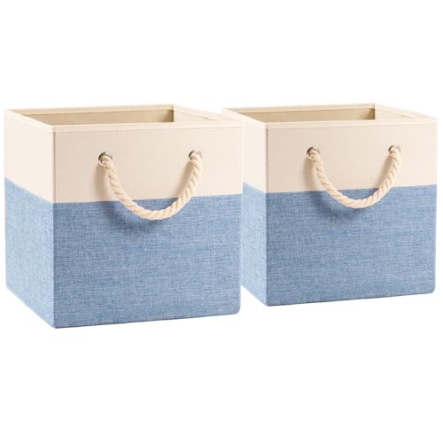 PRANDOM Large Foldable Cube Storage Bins 13x13 inch [2-Pack] Fabric Linen Storage Baskets Cubes Drawer with Cotton Handles Organizer for Shelves Nursery Closet Bedroom Beige/Blue - color: Beige/Blue, size: 13x13 inch(2-Pack)